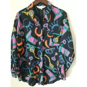 HAPPY‎ LEGS Women's Vintage Black Multi Print Rayon Button Shirt Size 9